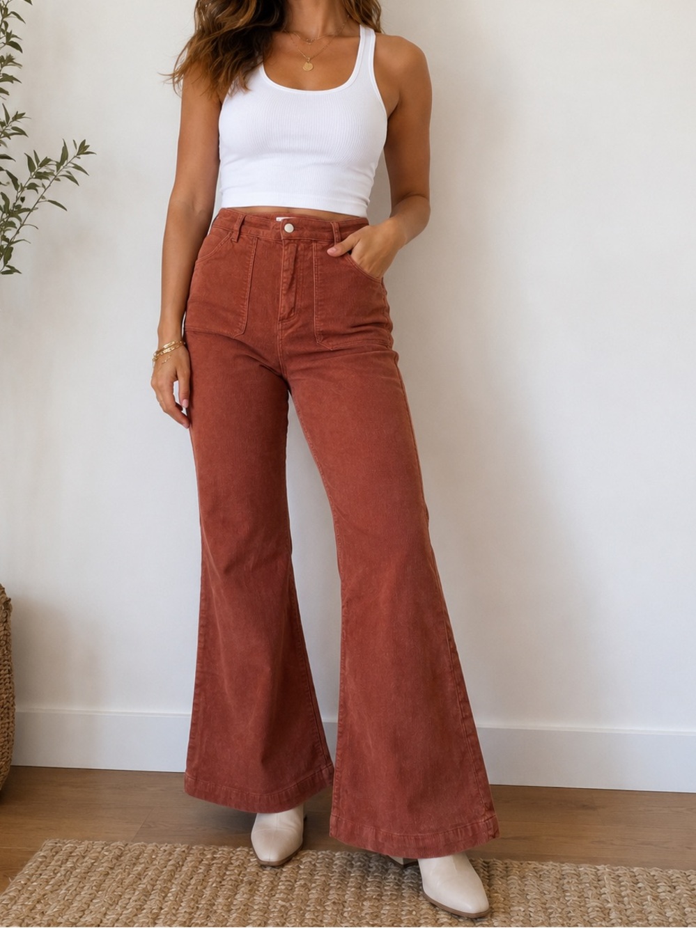 Rollas East Coast Flare Corduroy Pants Size 29 Rust Brown High Rise Stretch